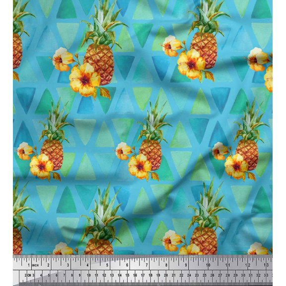 Soimoi Blue Cotton Duck Fabric Triangle & Pine Fruits Printed Craft Fabric by the Yard 42 Inch Wide