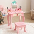 thumbnail image 3 of iRerts Kids Vanity Table and Chair Set, Princess Girls Vanity Set with Stool, 1-Drawer, 2 Desktop Storage Boxes, Cute Apple Print, Wooden Kids Vanity Set for Toddler, Pink, 3 of 10