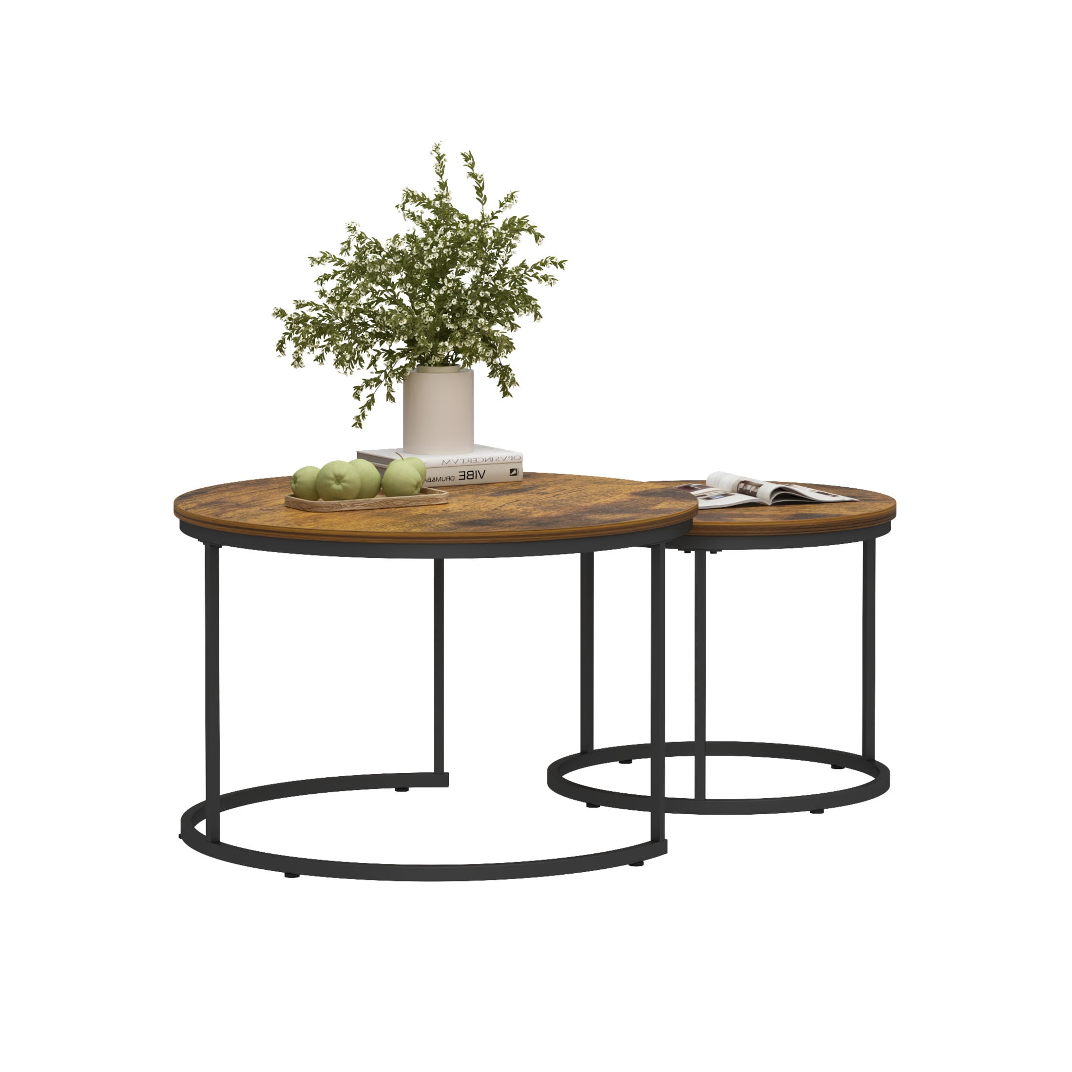 Noble House Lazura 27.6" Grain Look Nesting Coffee Table Set, Round MDF Top with Metal Base, Rustic Brown, Set of 2