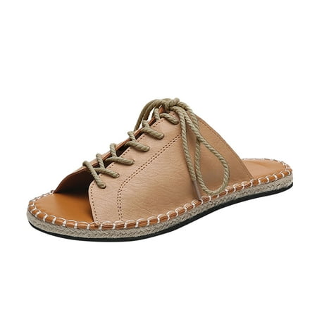 

LIANGP Women s Sandals Sandals Breathable Weave Straw Shoes Round Summer Slippers Flat Toe LaceUp Women s Women s Sandals Shoes Khaki Size 6.5