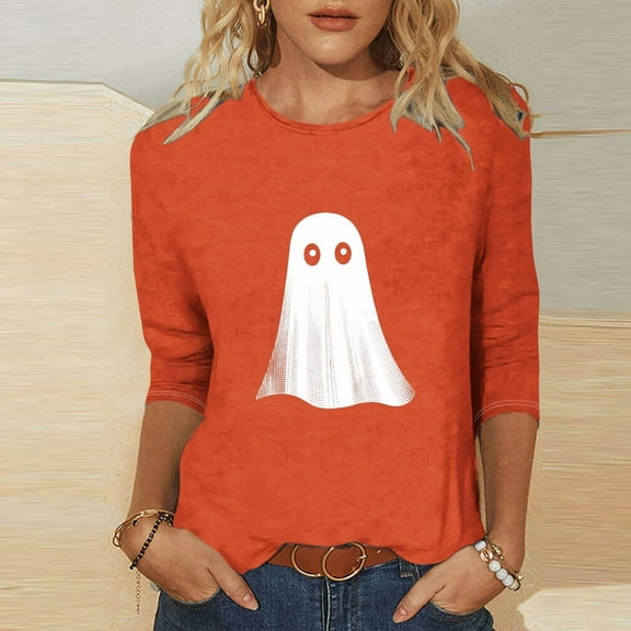 Jsaierl Women's Halloween Shirts Cute Pumpkin Ghost Graphic Tees Work Crewneck T-shirt 3/4 Sleeve Tunic Blouse Tops Halloween Gifts
