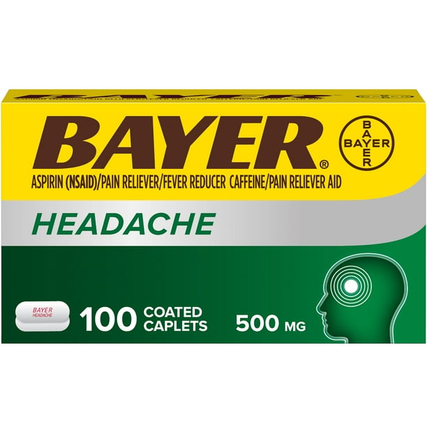 Bayer Headache Aspirin, 500mg Coated Tablets with Caffeine, 100 Count