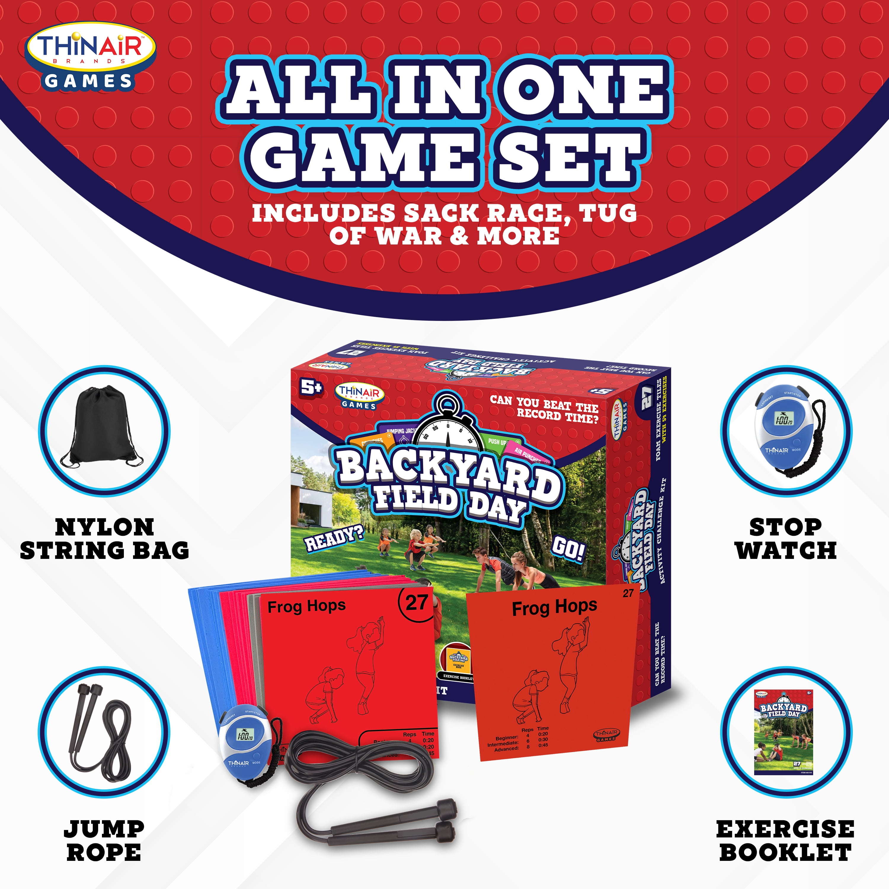 Playful Minds Backyard Field Day Obstacle Course Game – 27 Double-Sided Foam Challenge Tiles with 54 Kid-Friendly Exercises, Stopwatch, Jump Rope & Carry Bag – Outdoor Fitness Fun for Kids & Families