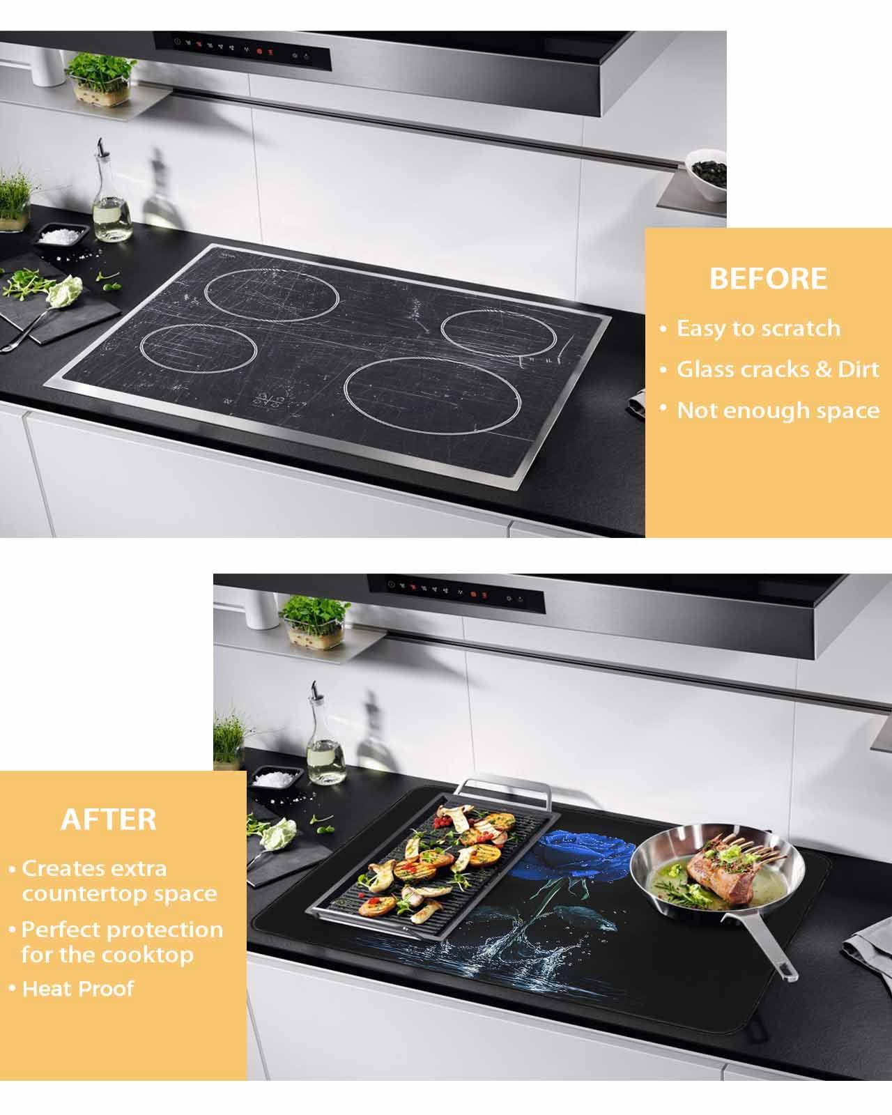 nqOlkjepod Large Induction Cooktop Protector Mat 36"x21", Blue Roses Stove Top Covers for Electric Stove, Modern Art Splash Flowers Butterfly Stove Burner Cover Mats, Glass Top Stove Cover
