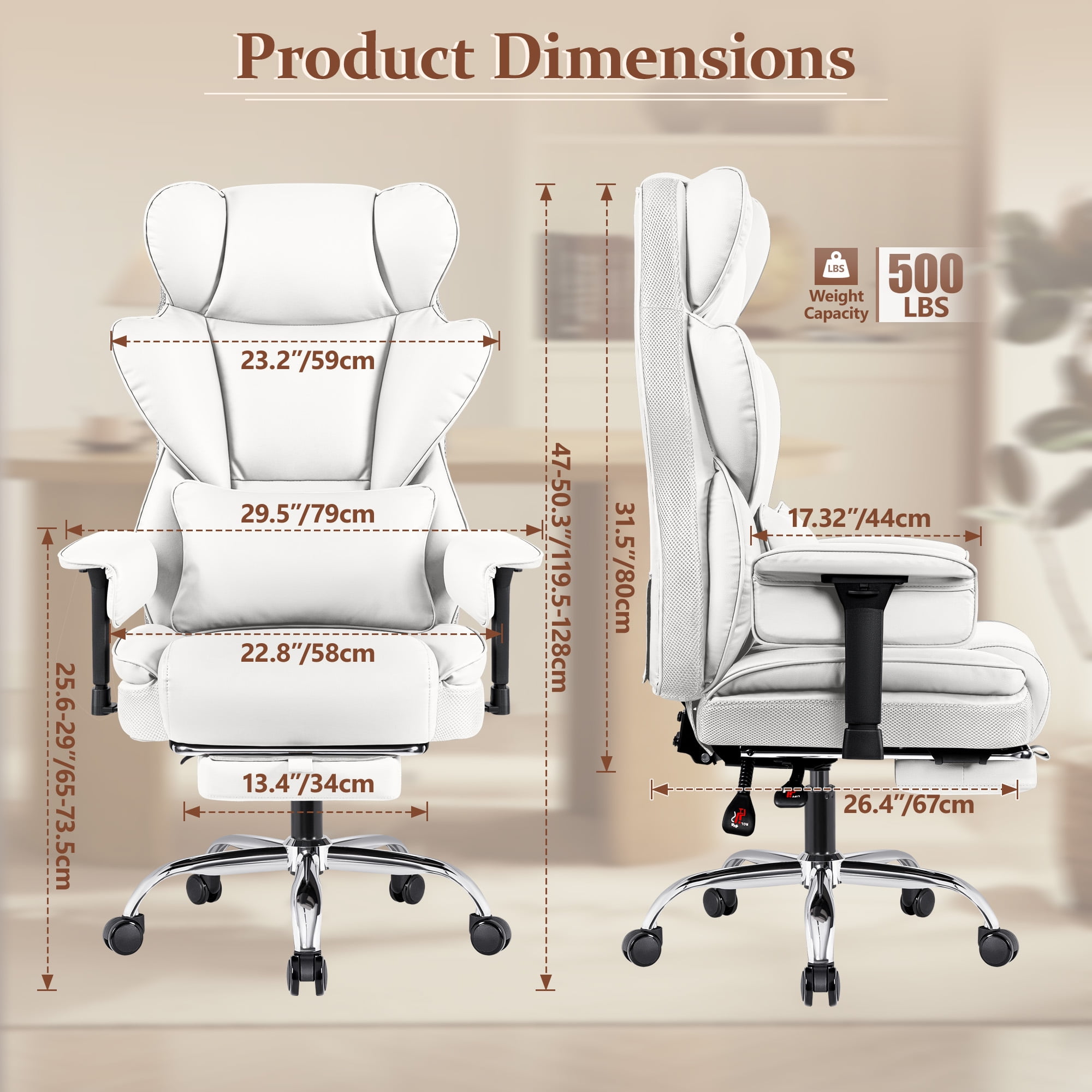 COOLHUT Large Executive Leather Office Chair with Footrest, Ergonomic Reclining Design, High Back and Lumbar Support, Ideal for Big and Tall Users, Perfect for Home Office or Computer Desk Use, White