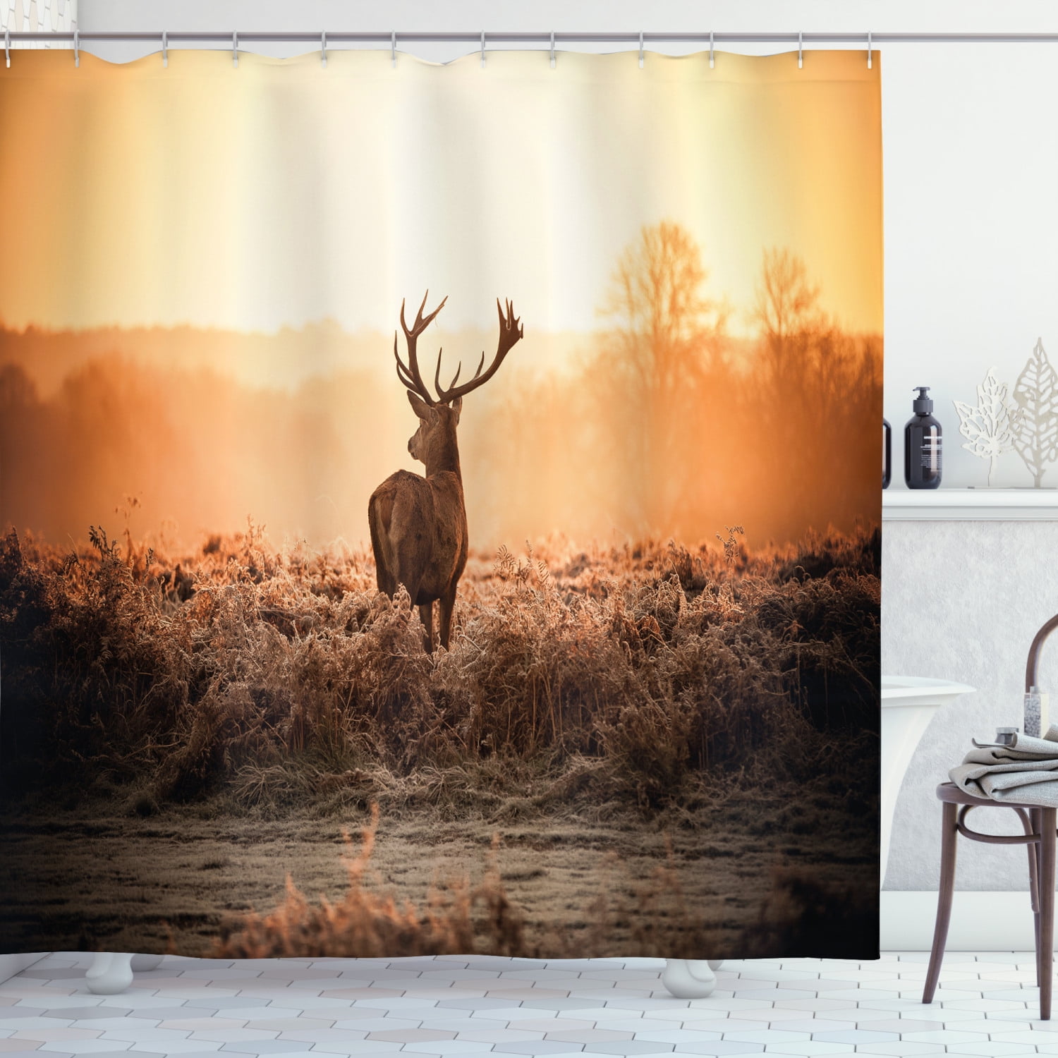 Hunting Shower Curtain, Red Deer in the Morning Sun Wilderness Nature