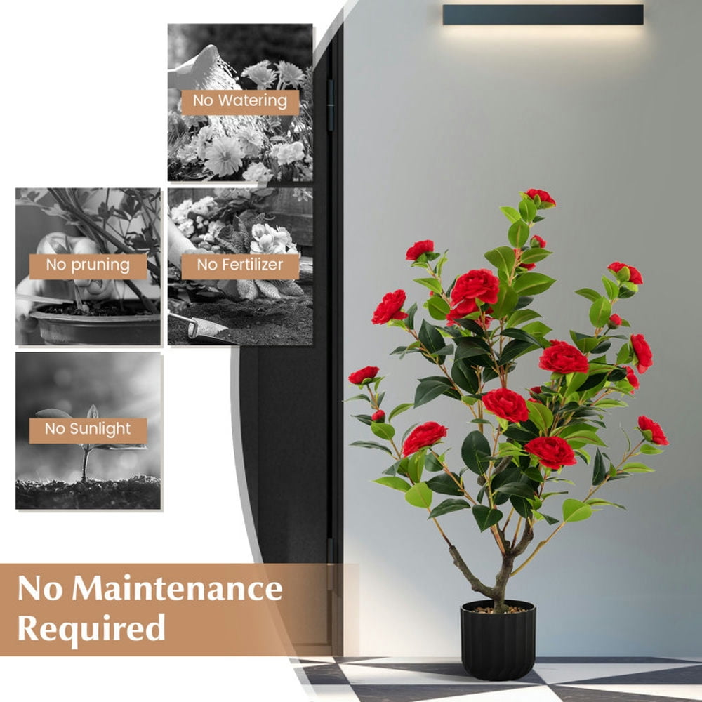 Spaco 38 inch Artificial Camellia Tree, Faux Flower Plant in Cement Pot 2 Pack, Artificial Plant Faux Flower Plant for Indoor and Outdoor, Red