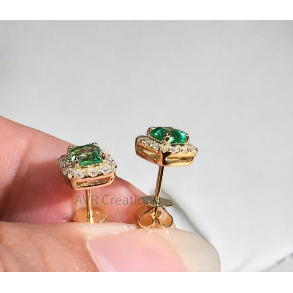 Green Emerald & Diamond Stud Earrings, 925 Sterling Silver May Birthstone Jewelry Gift for Girlfriend
