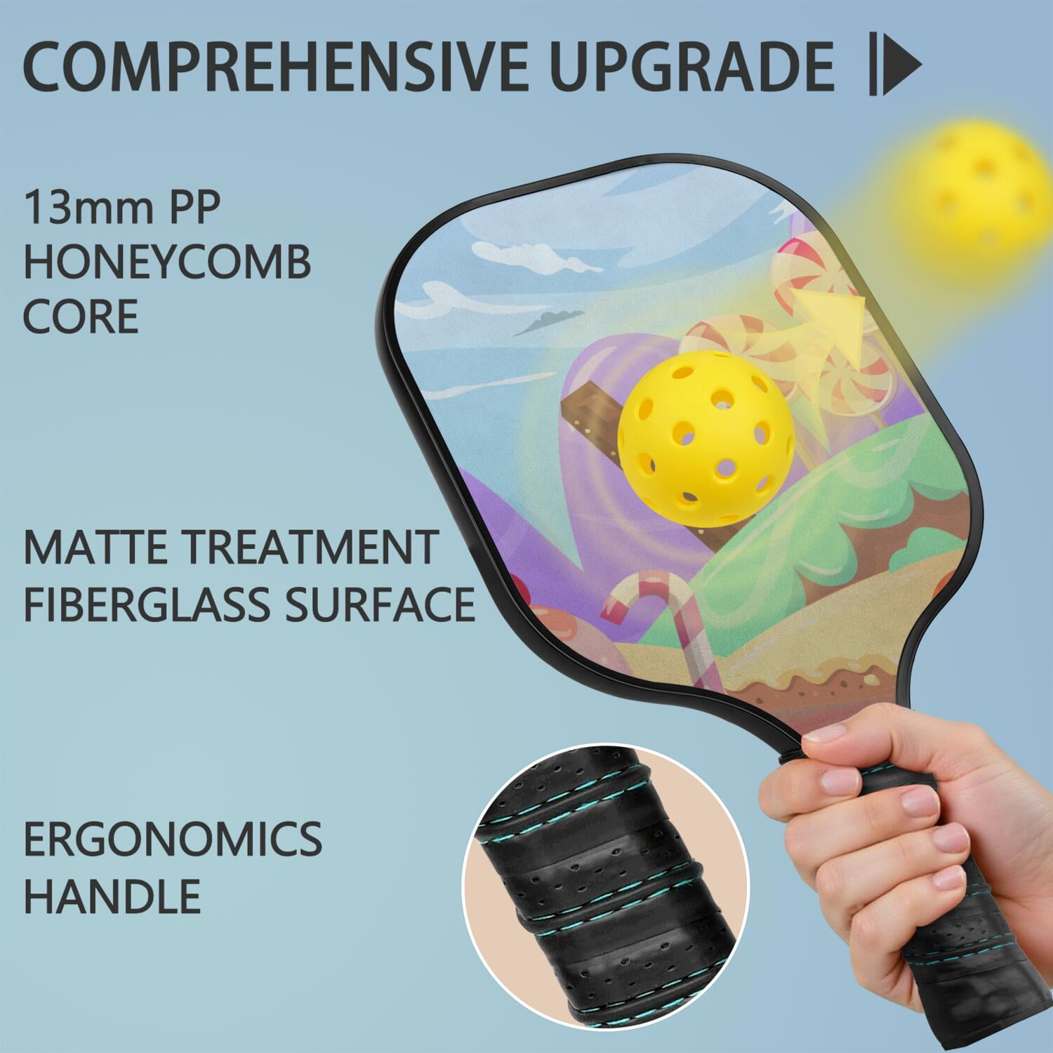 Pickleball Paddles Set Of 2, Fiberglass Surface, Sweet Candy Print, 4 Balls & Bag