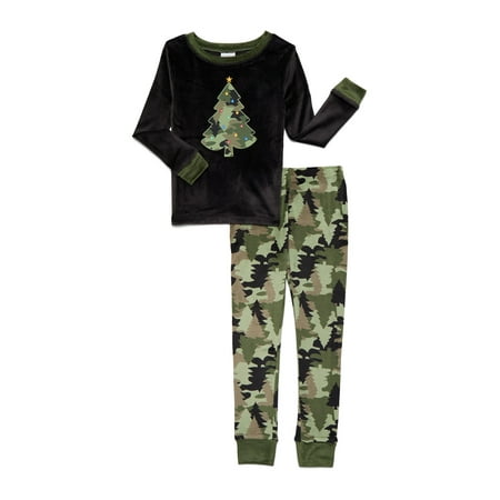 Wonder Nation Boys Christmas Long Sleeve Top and Pants Tight Fit Sleep Set, 2-Piece, Sizes 4-10