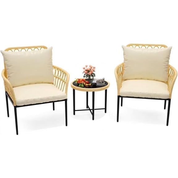 Senfot 3-Piece Patio Furniture Set, All-Weather PE Wicker Outdoor Conversation Set for Terrace Backyard Beige