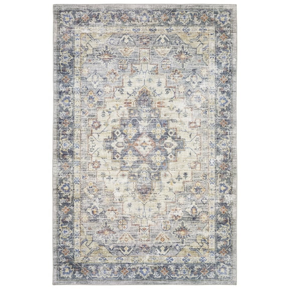 Moretti String Area Rug MYP02 Blue Distressed Floral 5' x 7' Rectangle