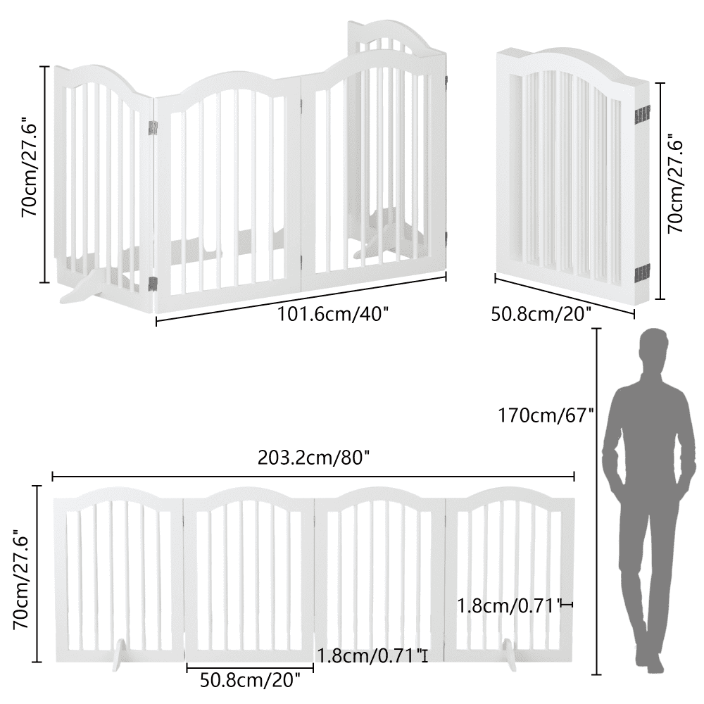 Oufan 27.6" Height Tall Freestanding Pet Gate, 4 Panels Foldable Dog Gate, Solid Wood Folding Safety Fence with 2 pcs Support Feet Ideal for Stairs, Doorways, Halls, Kitchens, Heavy Duty Gat , White