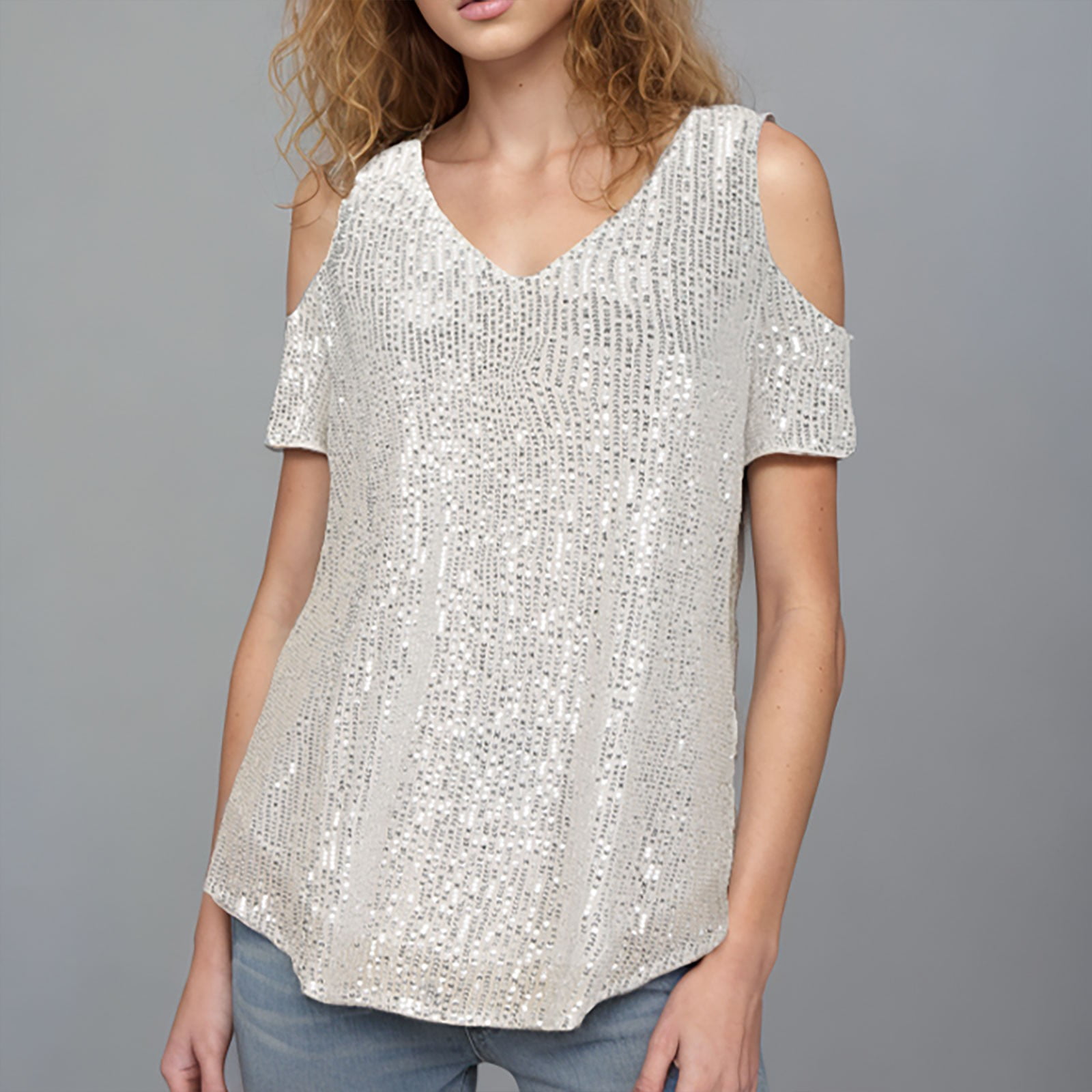 Women Tops Clearance Bdfzl Women'S Off-Shoulder V-Neck Sequin Top