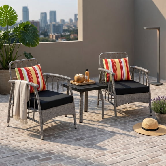 Hommoo 3-Piece PE Wicker Patio Furniture Set, Outdoor Chairs with 5-Position Adjustable Backrest & Square Coffee Table, All-Weather Garden Seating for Porch, Balcony, Backyard, Gray