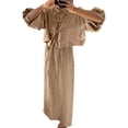 thumbnail image 3 of Women 2 Piece Skirt Sets Oversized Long Sleeve Top and Maxi Skirts Travel Vacation Set Khaki L, 3 of 7