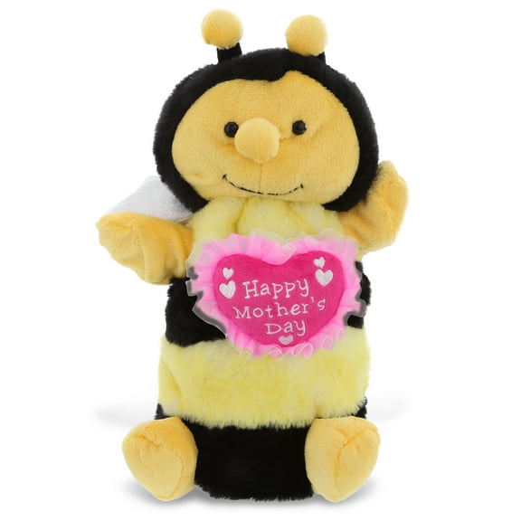DolliBu Happy Mother's Day Honeybee Plush Hand Puppet - Cute Stuffed Animal Present With Pink Heart Message for Best Mommy, Grandma, Wife, Daughter - Cute Insect Plush Puppet Toy Gift - 10" Inches