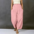 thumbnail image 3 of POIUYTR Women Cotton Linen Boho Pants Summer Vacation Elastic High Waist Straight Leg Long Pants Casual Loose Solid Color Trousers, 3 of 6