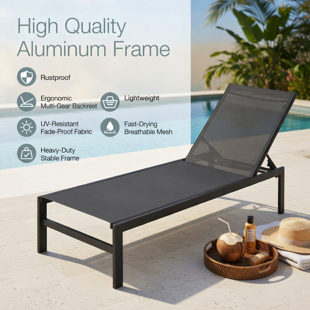 Hommoo 6-Position Adjustable Aluminum Chaise Lounge Chair, Rustproof, Lightweight, Flat-Lay Design for Patio, Poolside & Backyard, Gray