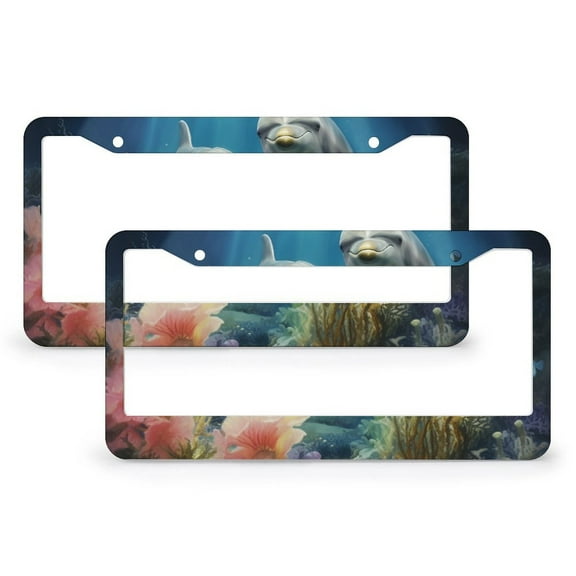 2 Pack Two Dolphins With Plants Under An Ocean License Plate Cover Deep Sea Dolphin License Plate Cover Frame Aluminum 2 Hole Fits All Car