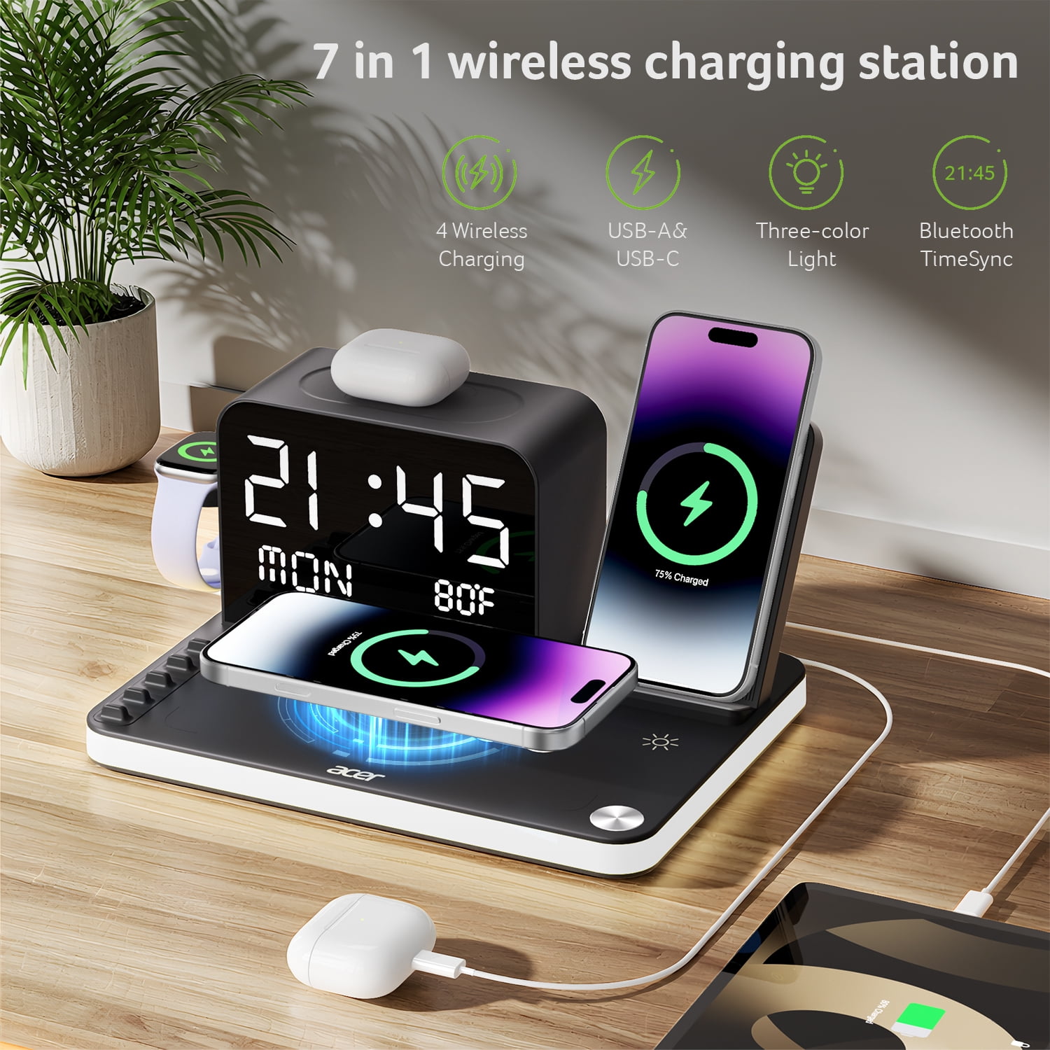 Acer 7 in 1 Wireless Charging Station: Compatible with Apple Multiple Devices - iPhone Apple Watch and AirPods, Charger Stand with Led Night Light