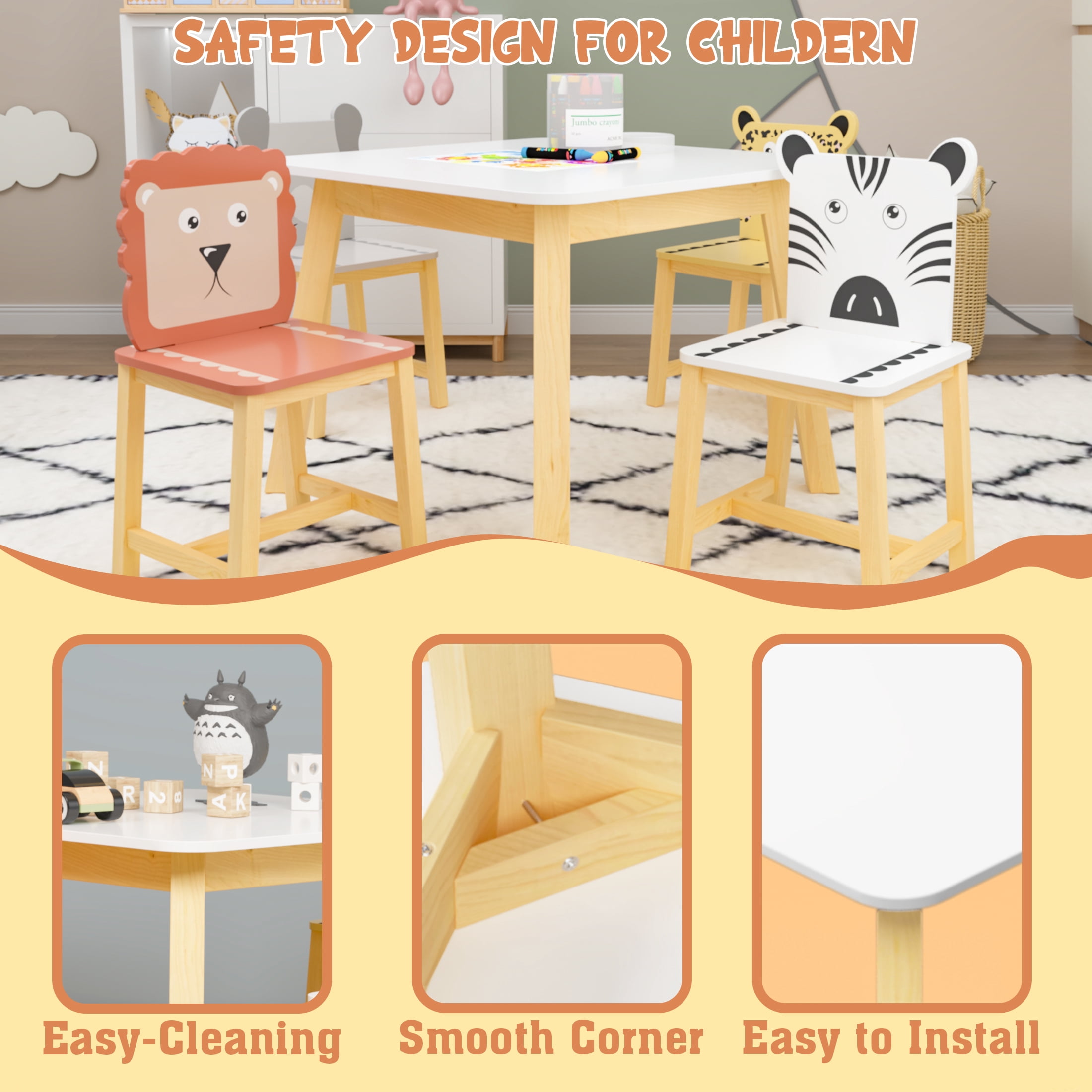Aukfa Kids Study Table and Chairs Set, Table and 4 Cartoon Chair for Ages 3-8, Graffiti Desktop Wood Children Art Table