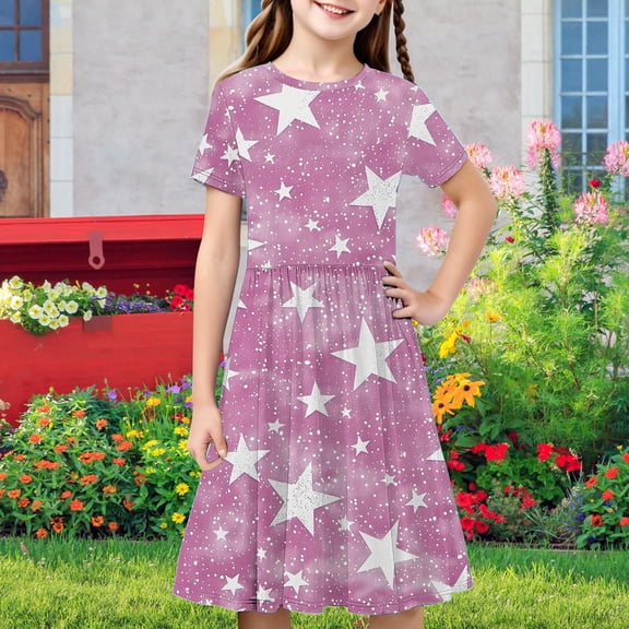 SGFCWSX Girls Short Sleeve Midi Dress Kids Crewneck Print Casual Flowy A-Line Dress for Spring Summer Beach Wear Multicolor Size 5-6 Years