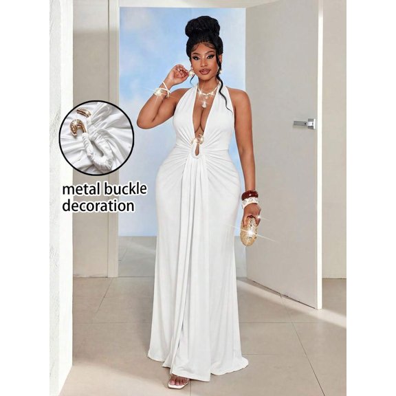 White Plus Size Women Deep V Neck Halter Tie-Up Metal Buckle Decor Waist Fitted Maxi Dress