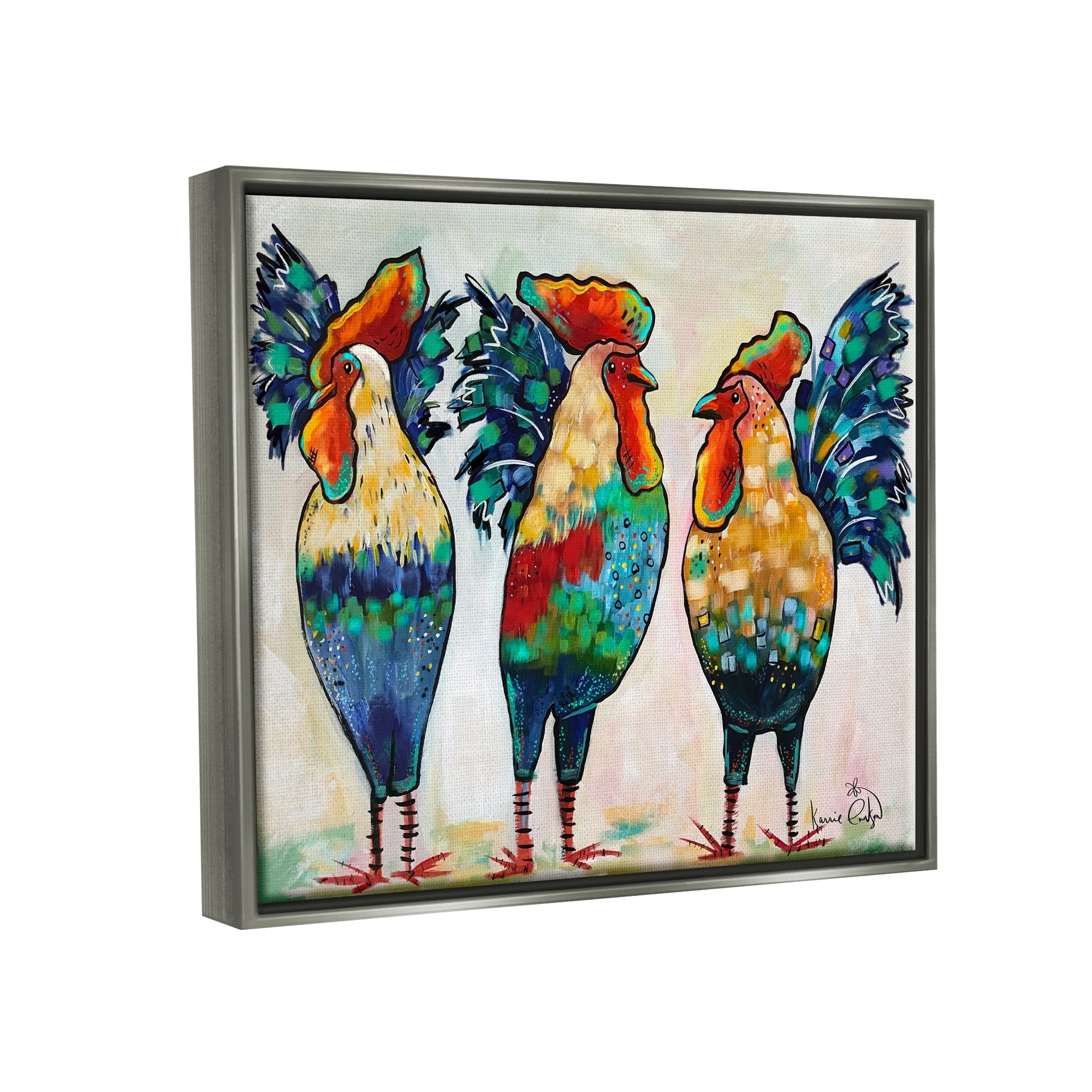 Stupell Industries Bold Patterned Chickens Hens Vivid Feathers Standing Painting Luster Gray Floating Framed Canvas Print Wall Art, Design by Karrie Evenson
