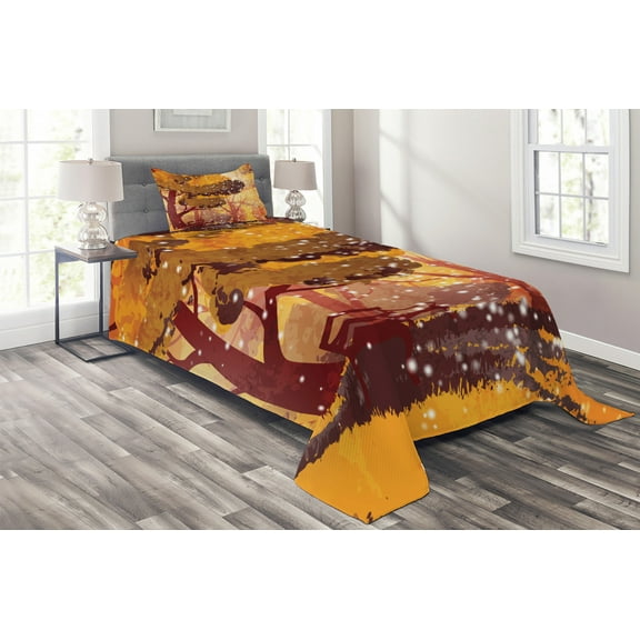 Ambesonne Nature Quilted Coverlet 2 Pcs, Trees and Bench Snowfall, Twin Size, Multicolor