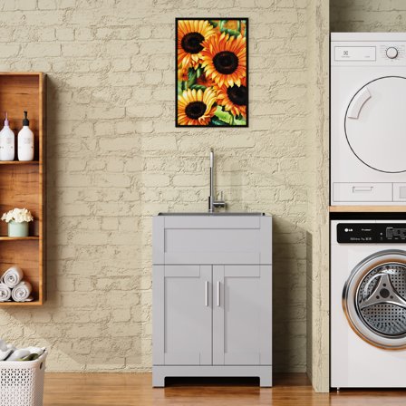 24" Gray Utility Cabinet with Stainless Steel Sink | Ideal for Bathroom Storage | Anti-Rust Sink and Moisture-Resistant