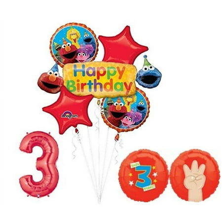 Sesame Street Elmo and Friends 3rd Birthday Supplies Decorations 7 Piece Balloon Set.