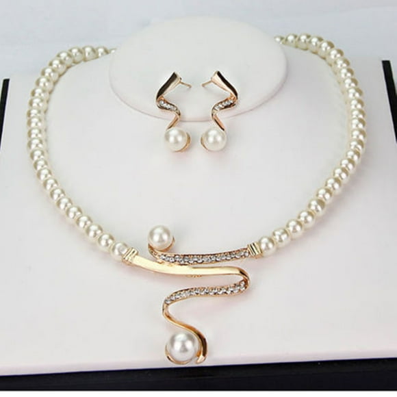 WIFORNT Women Necklace Set, Pearl Pendant Stud Earrings, Rhinestone Pearls Elegant Open Design Clavicle Necklace