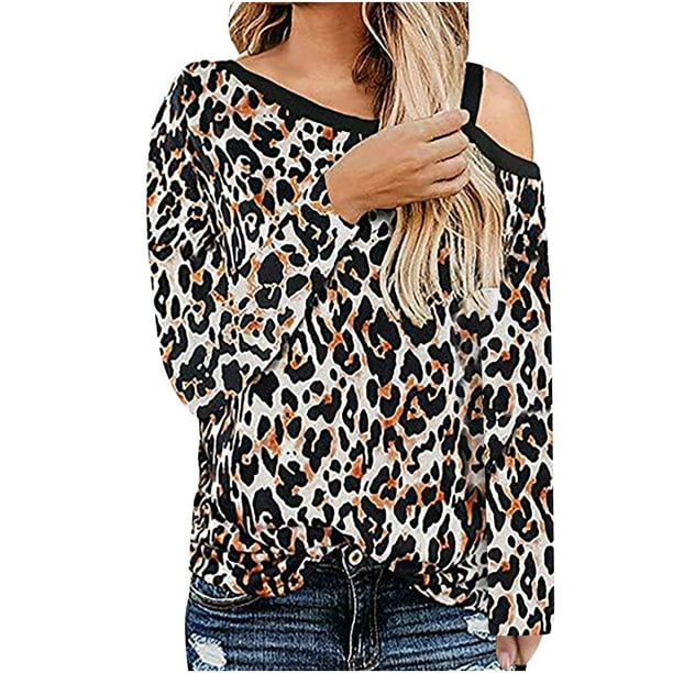 Blusa casual con estampado de leopardo de manga larga con hombros
