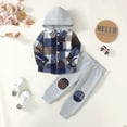 thumbnail image 2 of Toddler Baby Boys Clothes Baby Boys Outfits Long Sleeve Plaid Hooded Top Pants 2PCS Boys Fall Winter Clothing Set Gray 18-24 Months, 2 of 9