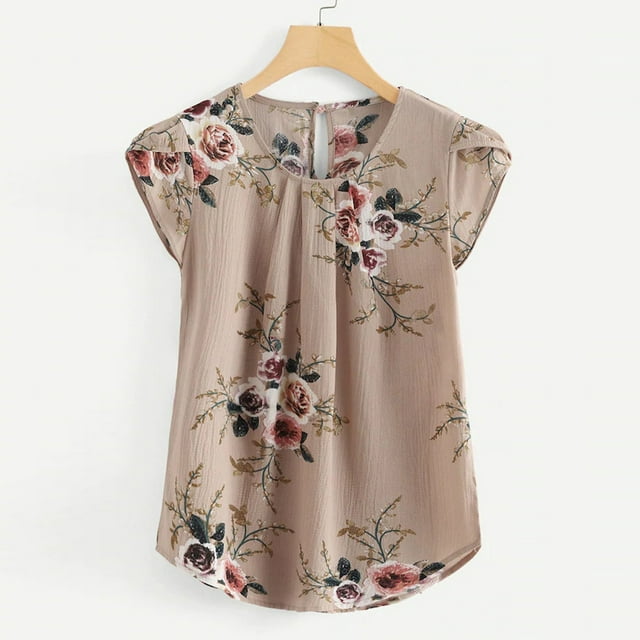 SMihono Hauts pour Femmes Été Chic Décontracté T-Shirt Décontracté pour Femme à Col Rond Fleur Plissé Ajusté Imprimé Manches Courtes Haut T-Shirt Oversize pour Femmes