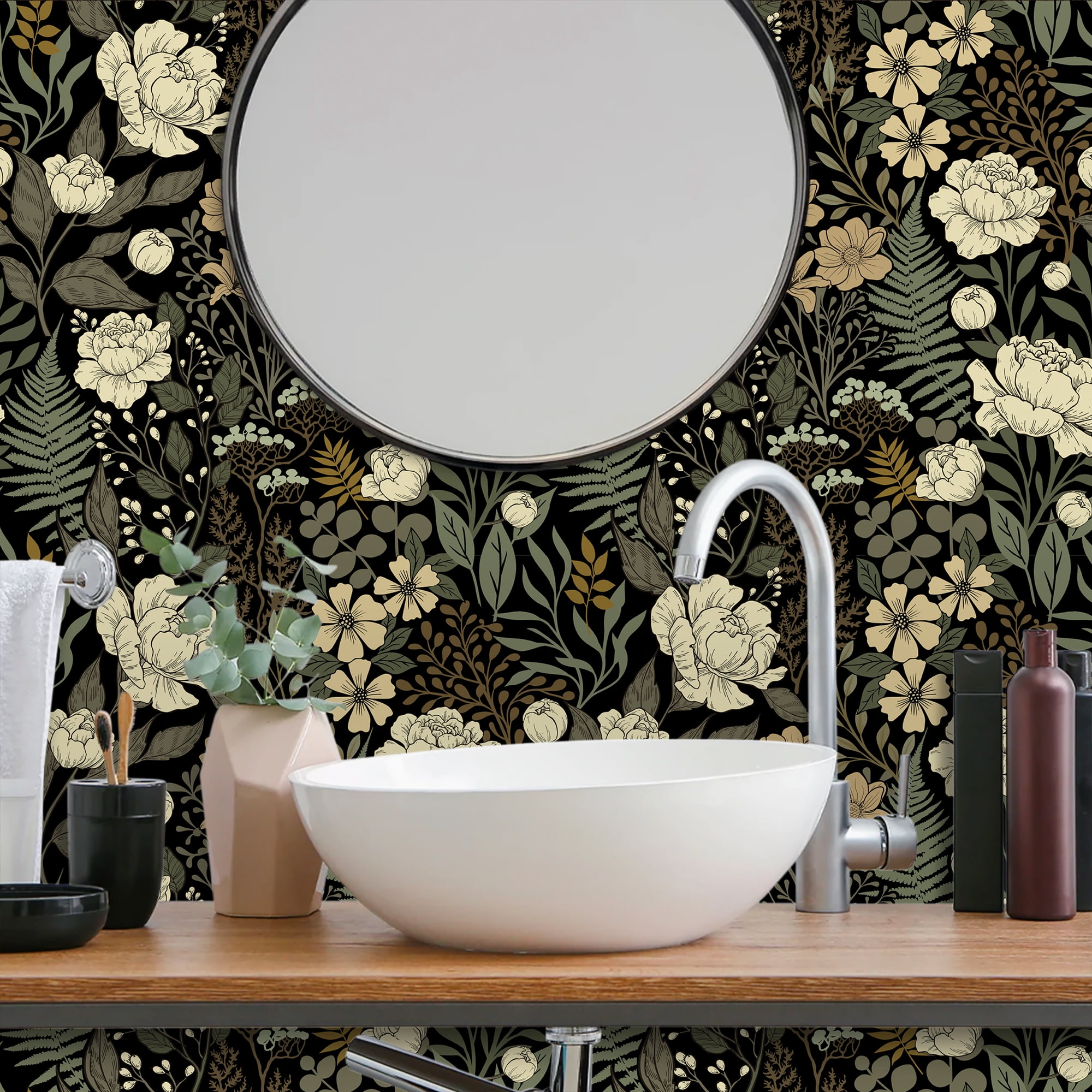UMIGGEE 17.7-in x 118-in Floral Wallpaper Peel and Stick Floral Black Wallpaper Self Adhesive Flower Wall Paper Contact Paper Home Decor Wall Covering Old Furniture Renovation