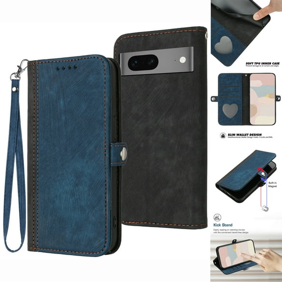 Nalacover Wallet Case for Google Pixel 7, Detachable Wrist Strap Handbag Cute Card Slots Holder Premium PU Leather Flip Case with Kickstand Magnetic Clasp Soft Silicone Shockproof Cover,Blue
