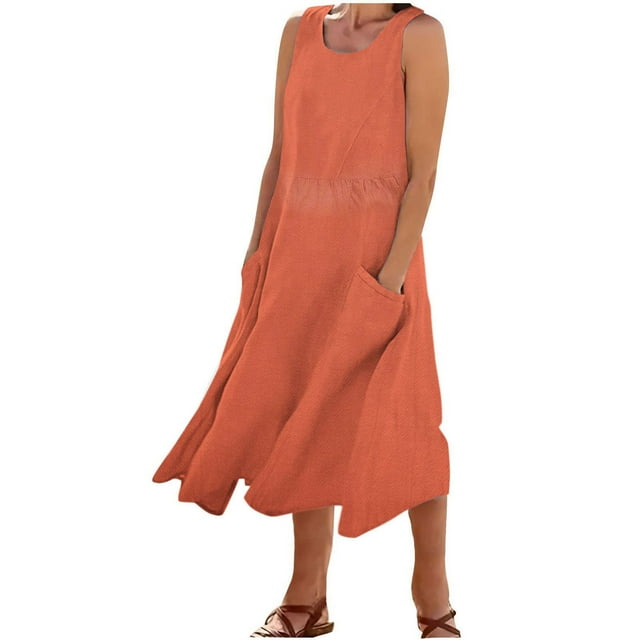 Pisexur Womens Dresses Robe en Coton et Lin Couleur Unie Sans Manches Col Rond Larges Bretelles Maxi Robes Été Décontracté Coupe Ample Confortable Robe Élégante Fluide Hawaïenne de Plage avec Poches