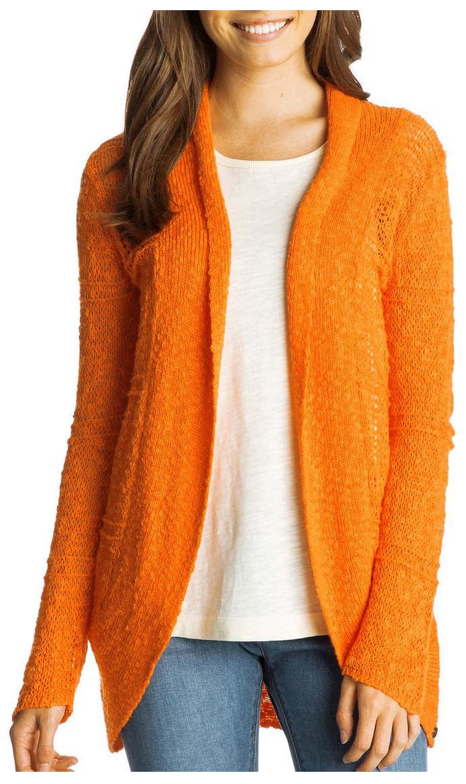 bright orange cardigan