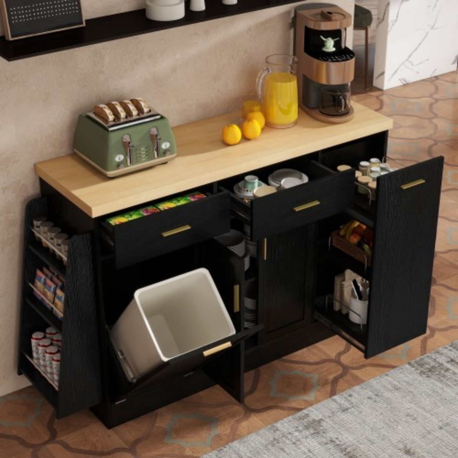 Kitchen Sideboard Cabinet with Trash Can Storage, Multi-Functional Storage Cabinet with Sliding Door & 3-Tier Spice Rack, Kitchen Island Table Buffet Cabinet for Dining Room, Black