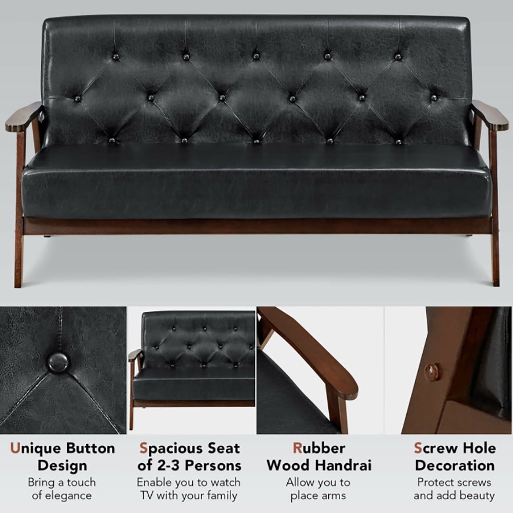 Finihen Upholstered Sofa Couch, Leather Couch, 3-Seater PU Leather Upholstered Sofa Couch with Rubber Wood Legs, for Living Room, Bedroom, Black