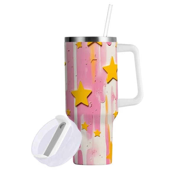 Yayeee 40oz Stainless Steel Tumbler with Straw and Handle Double-Wall Insulated Travel Water Bottle, Flat Yellow Stars