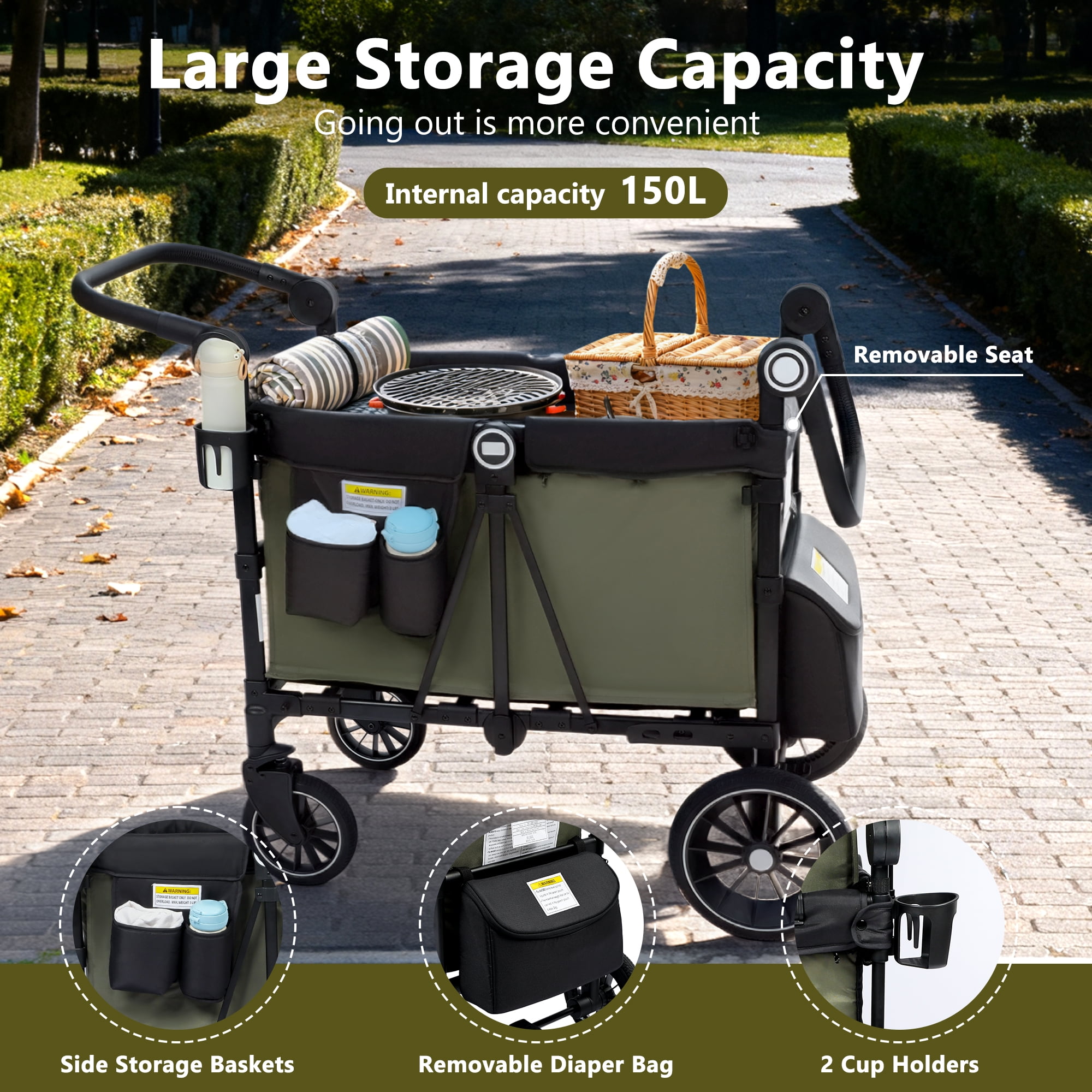 LINLUX 2 Kids Wagon Stroller, Foldable Outdoor 2-Seat Stroller Wagon, Removable Canopy, 55 Pound, Green