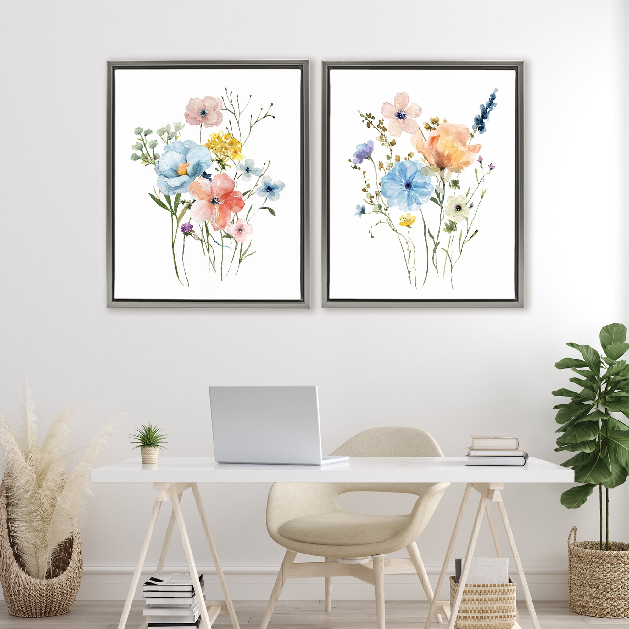 Stupell Industries Wildflower Sprig Bundles 2 Piece Gray Framed Floater Canvas Set, design by Livi Finn
