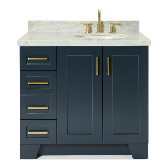 Ariel Taylor 37 In. Right Offset Oval Sink Vanity With Carrara White Marble Countertop In Midnight Blue