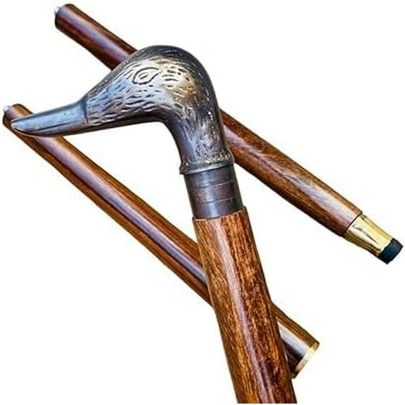 "Wooden Duck Head Walking Stick Cane | Brass Raven Handle Designer Hiking Cane Antique Style – 35 Inches"