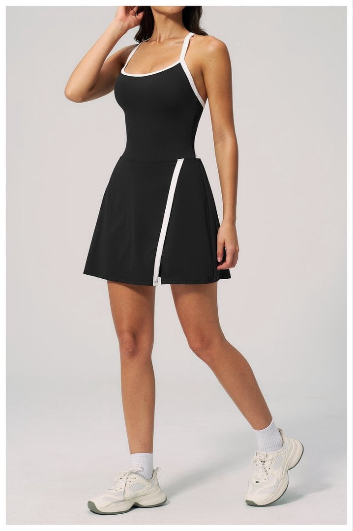 PISONIC Womens Workout Athletic Mini Dress with Built-in Shorts Sleeveless Cutout Tennis Dress