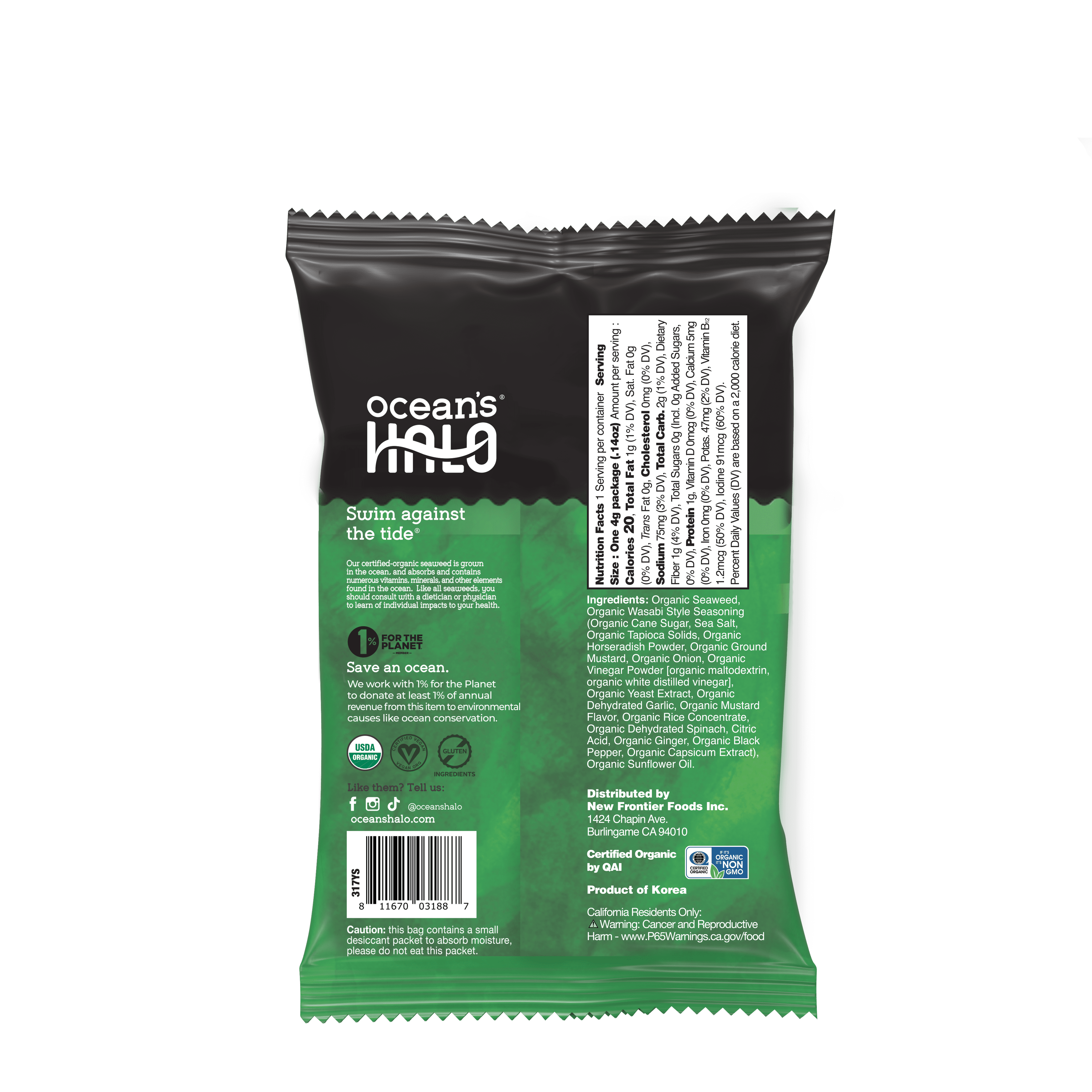 (4 pack) Ocean's Halo, Organic Trayless Seaweed Snack, Wasabi, Vegan, No Plastic Tray, 1pk Nori Sheets, Shelf-Stable, 0.14 oz