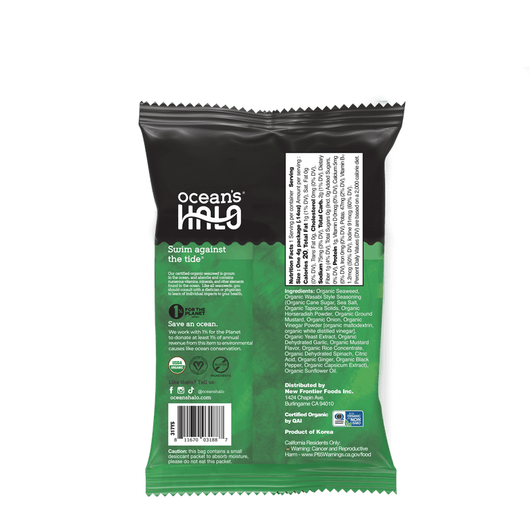 Ocean's Halo, Organic Trayless Seaweed Snack, Wasabi, Vegan, No Plastic Tray, 1pk Nori Sheets, Shelf-Stable, 0.14 oz